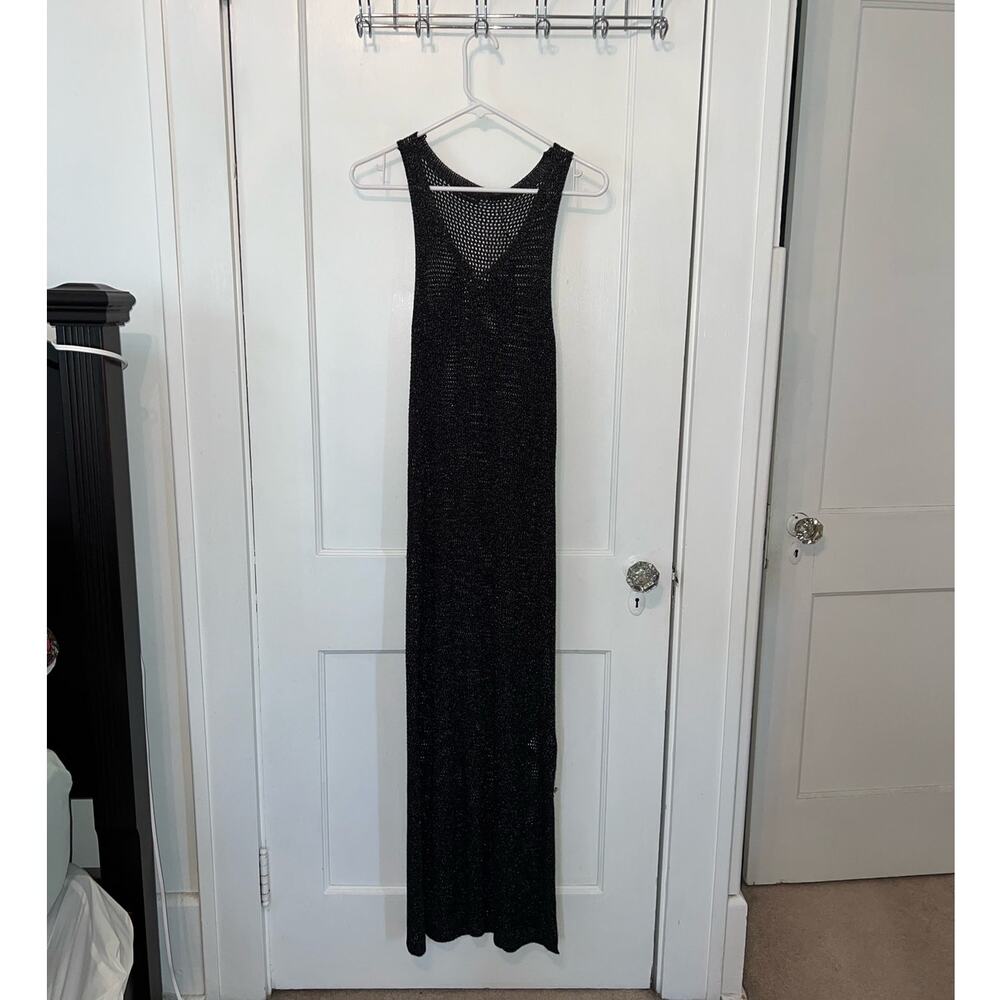 New Tahari Women's Crochet Knit Slit Maxi Dress Black Shine size M